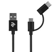 კაბელი Cable 2E USB to Micro + Type C, 5V/2.4A, Black,1m