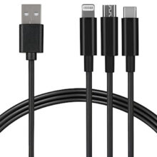 კაბელი Cable 2E USB 3 in 1 Micro/Lightning/Type C, 5V/2.4A, Black,1.2m